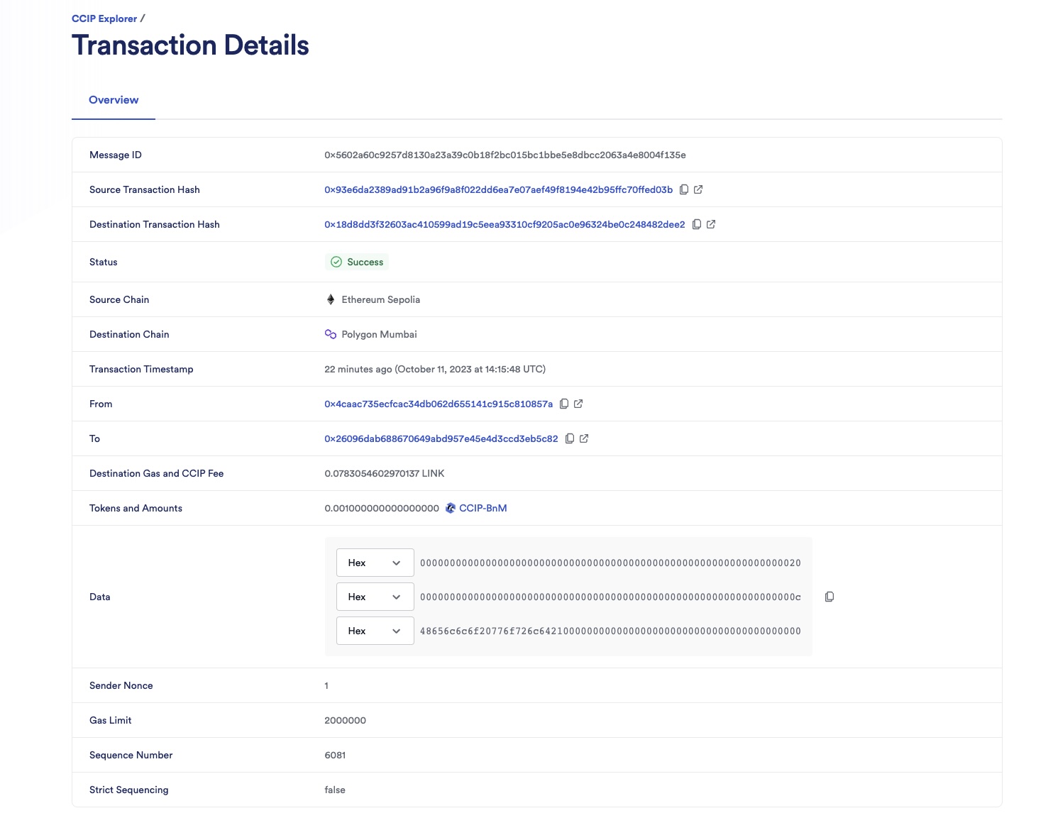 Chainlink CCIP Explorer transaction details success